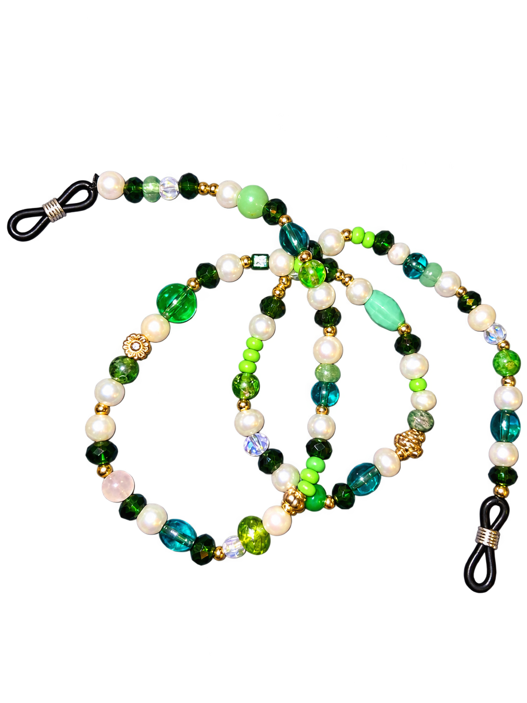 Handmade green, teal, and pearl-look beaded eyeglass chain