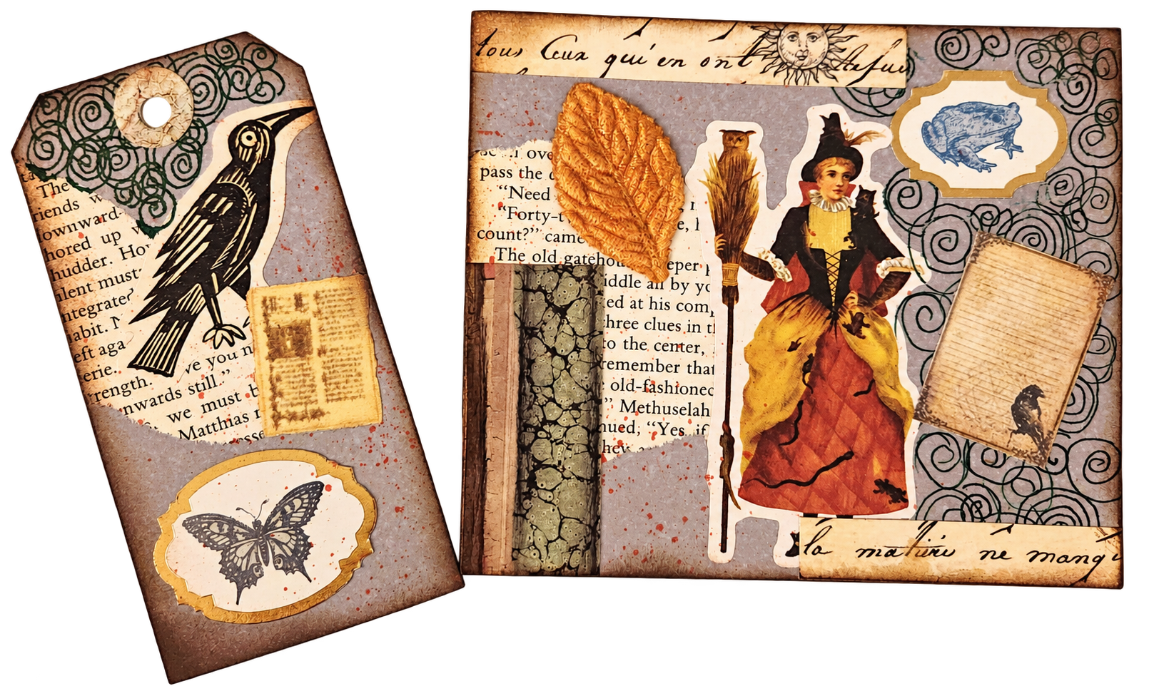 Vintage witch and raven themed handmade journal page and tag